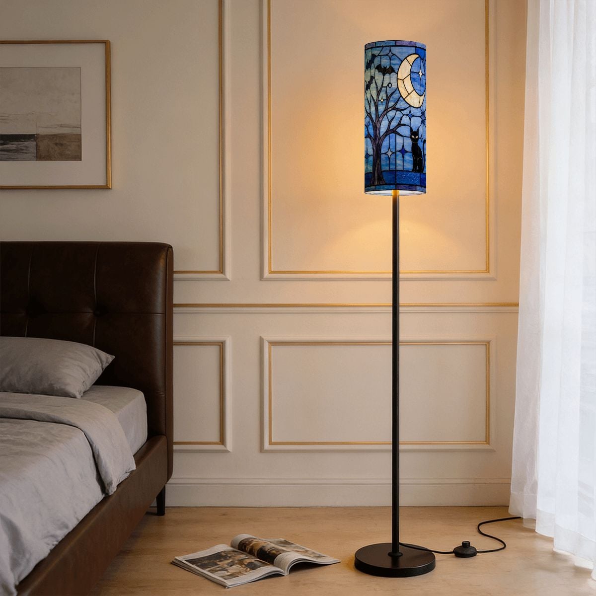 Halloween Stained Glass Style Night Sky Black Cat Slim Floor Lamp