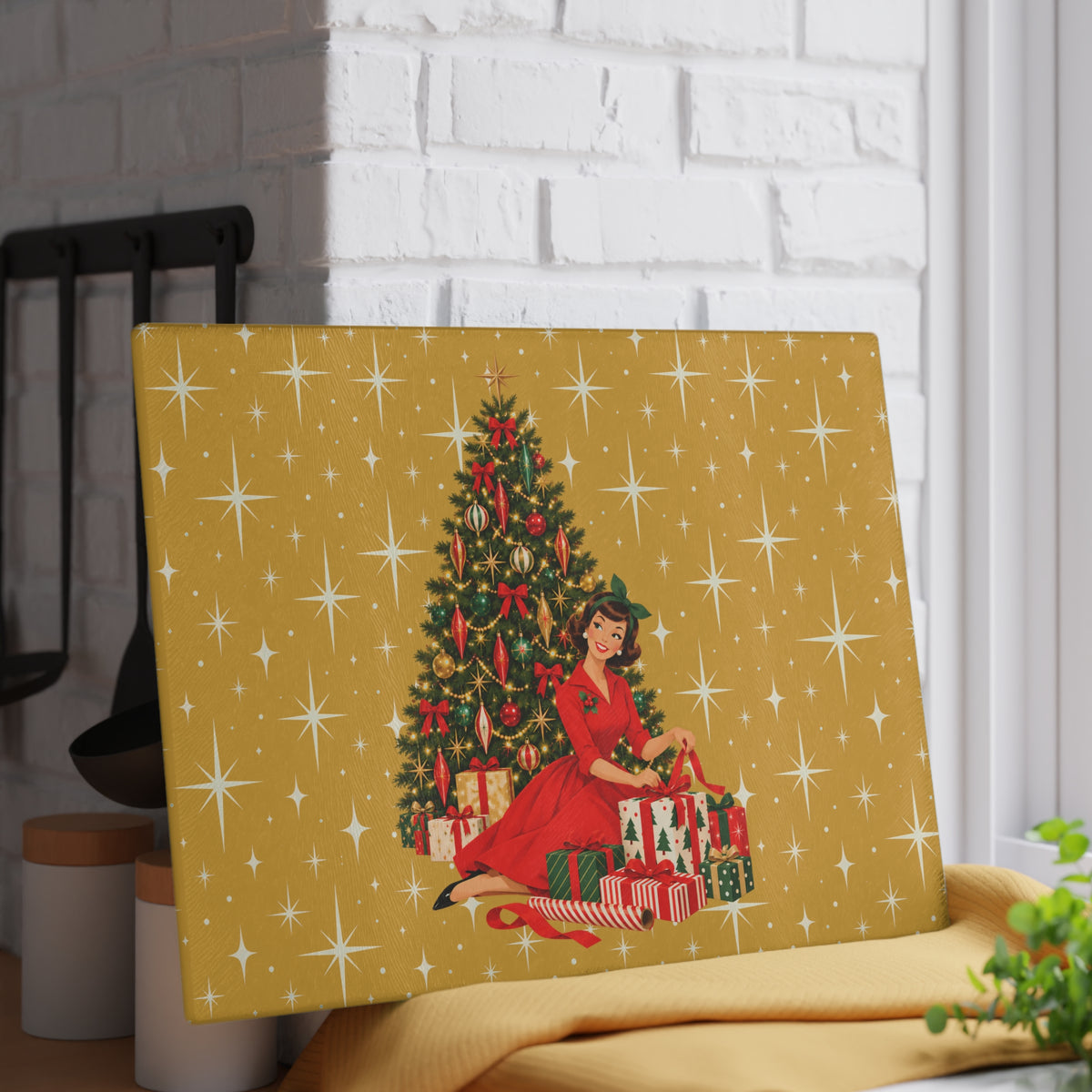Mid Century Modern Christmas Glamour Gal Wrapping Presents by Tree, Gold Atomic Starbursts Glass Cutting Board