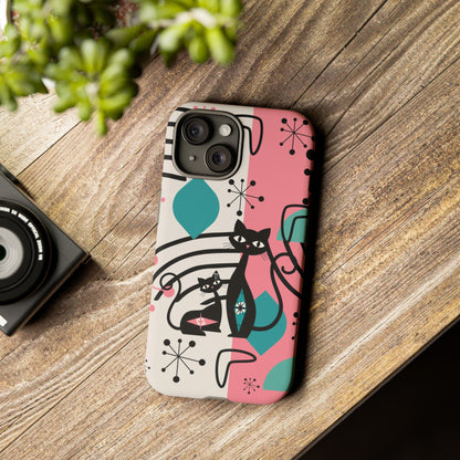 Mid Mod Atomic Cat Boomerang Starburst, Pink, Black Kitschy Stylish Cat Phone Case: Modern Design for Cat Lovers