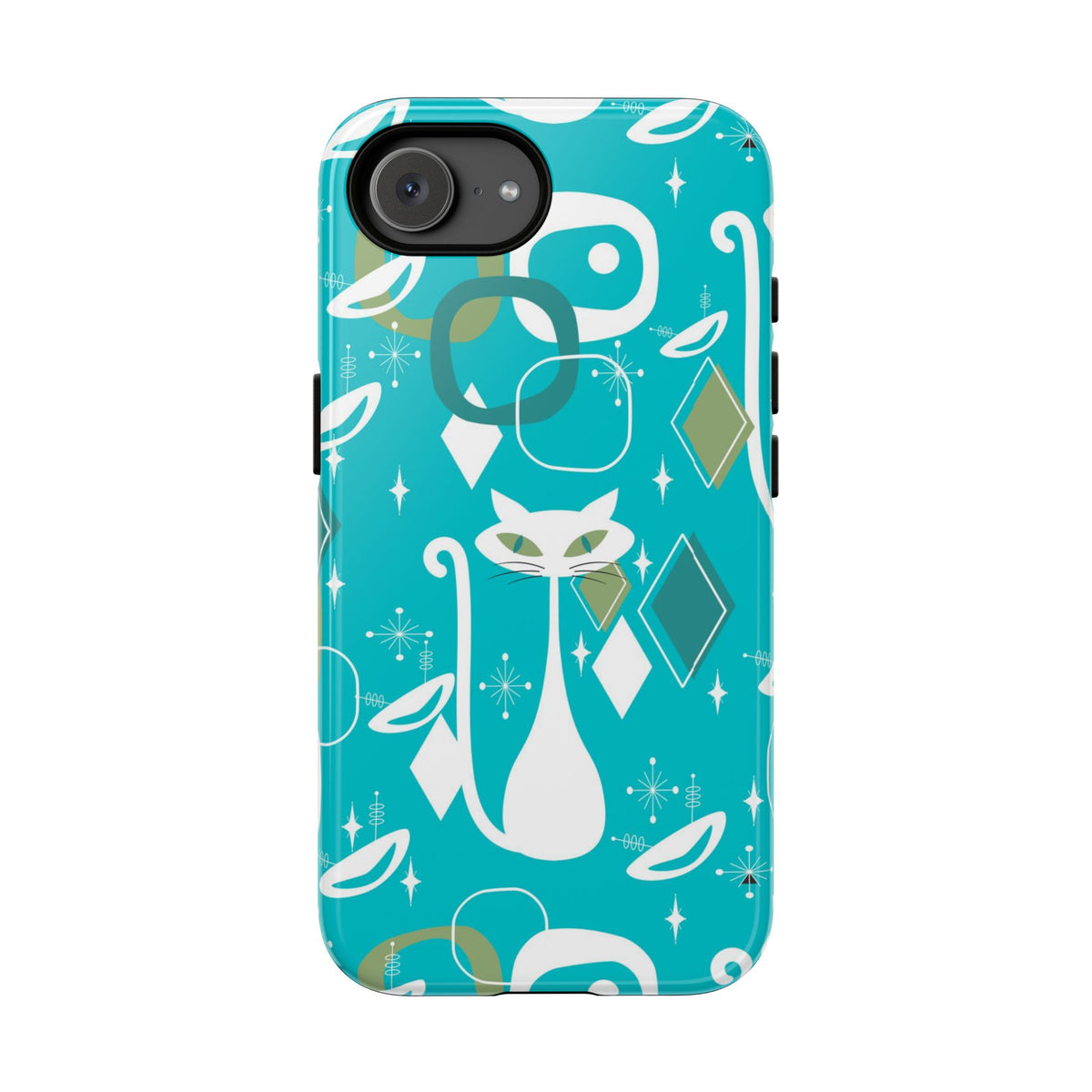 Atomic Cat Space Designs, Mid Century Modern, Aqua, White Kitschy Cat Tough Phone Case