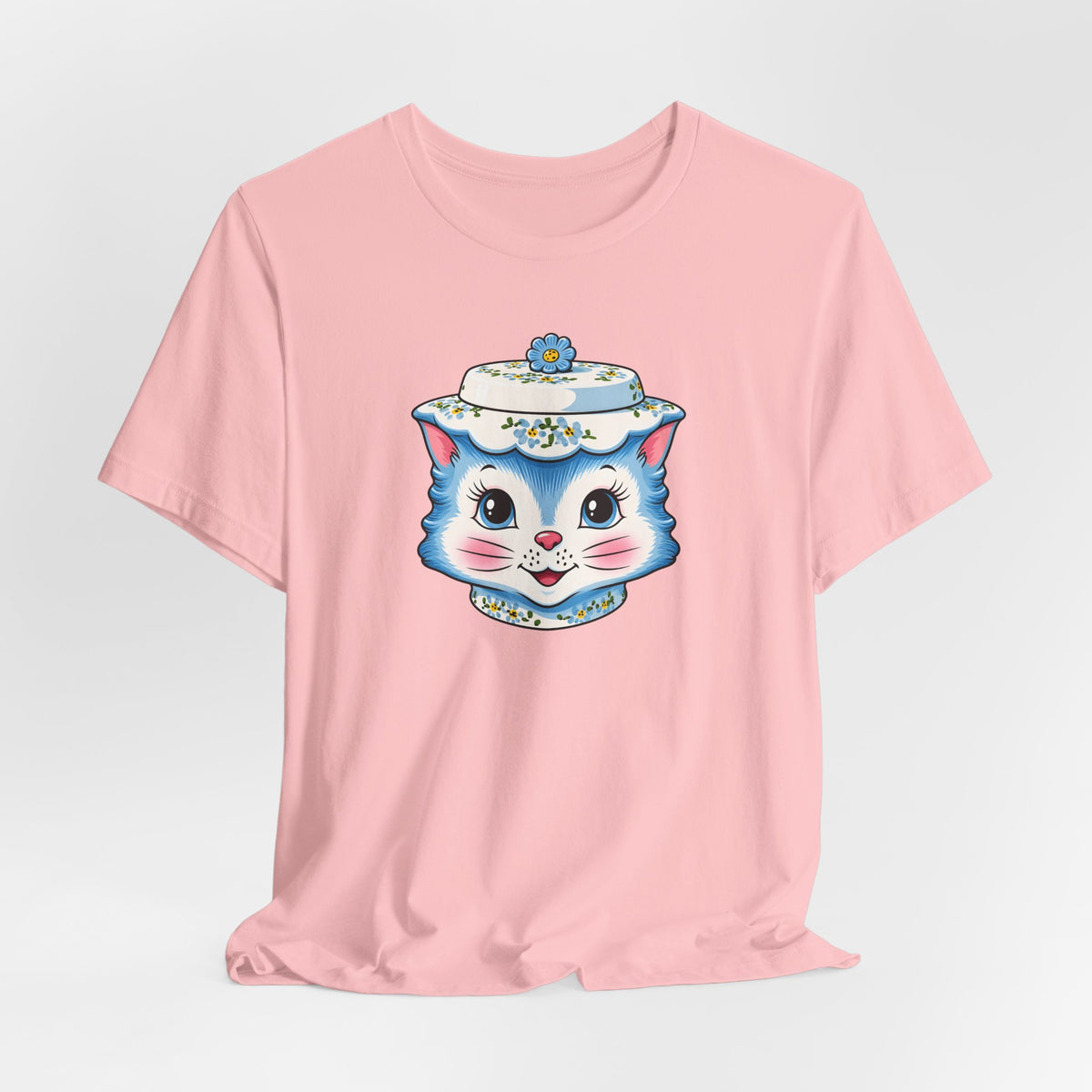 Mid Century Modern Kitschy Anthropomorphic Blue Cat with Floral Hat Unisex T-Shirt
