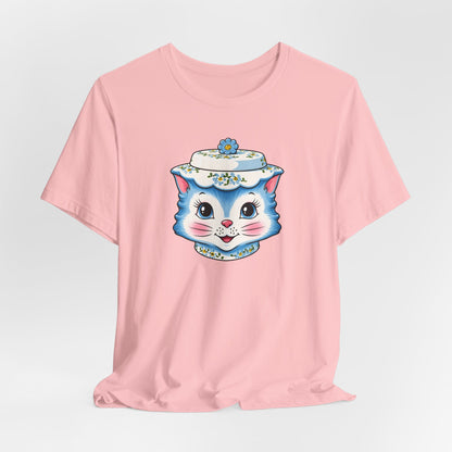 Mid Century Modern Kitschy Anthropomorphic Blue Cat with Floral Hat Unisex T-Shirt