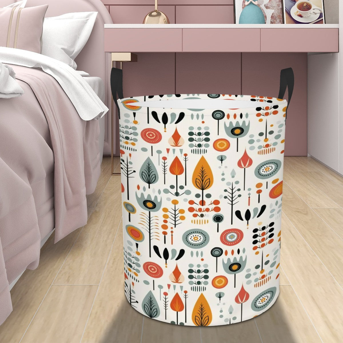 Modern Danish Scandinavian Floral Retro Circular Laundry Basket