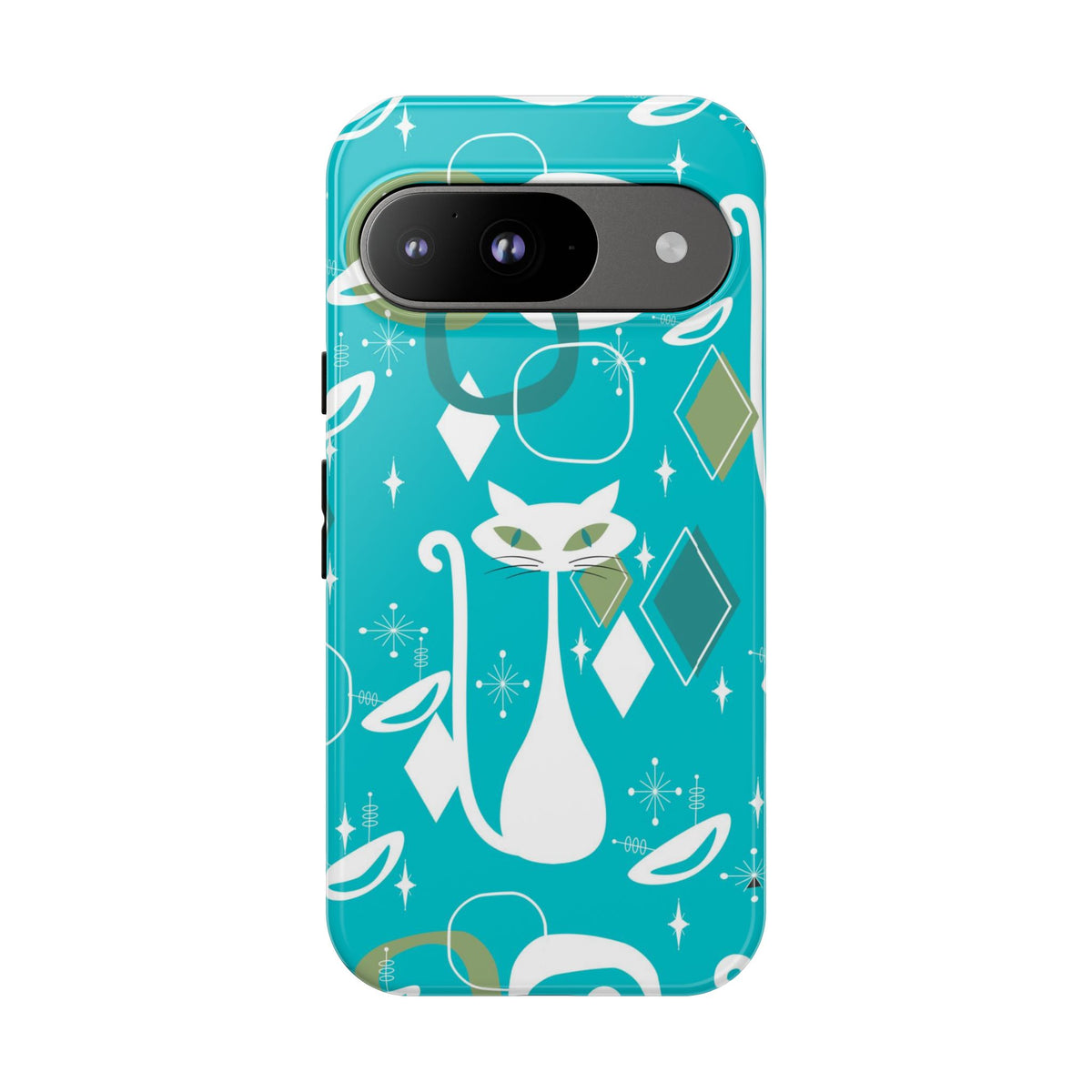 Atomic Cat Space Designs, Mid Century Modern, Aqua, White Kitschy Cat Tough Phone Case