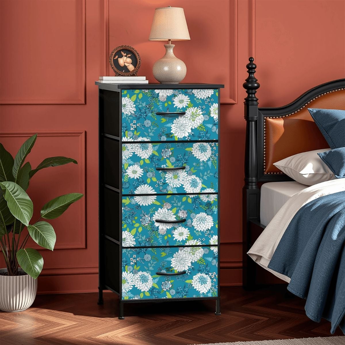 Chinoiserie Floral Teal Green White Elegant 4-Drawer Dresser - Mid Century Modern Gal