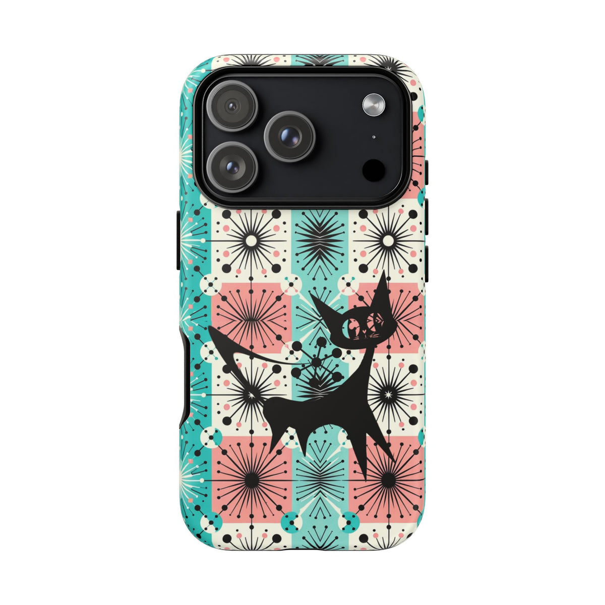 Atomic Kitschy Cat, Mid Century Modern Pink, Aqua Starbursts Tough Phone Case