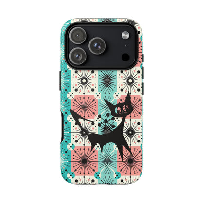 Atomic Kitschy Cat, Mid Century Modern Pink, Aqua Starbursts Tough Phone Case