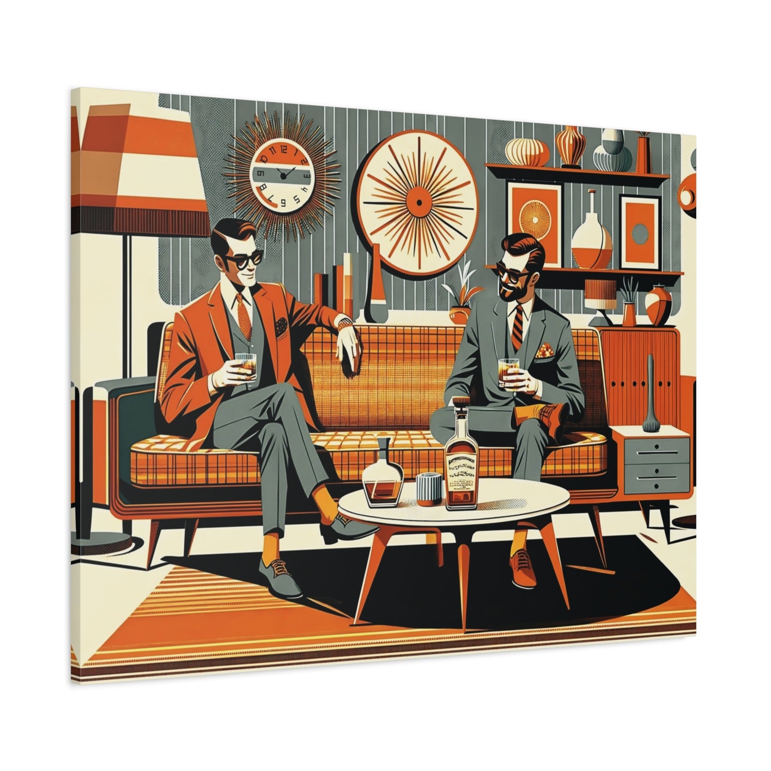 Mid Century Modern Mod Dude, Gay Male Couple Drinking Bourbon, MCM Art