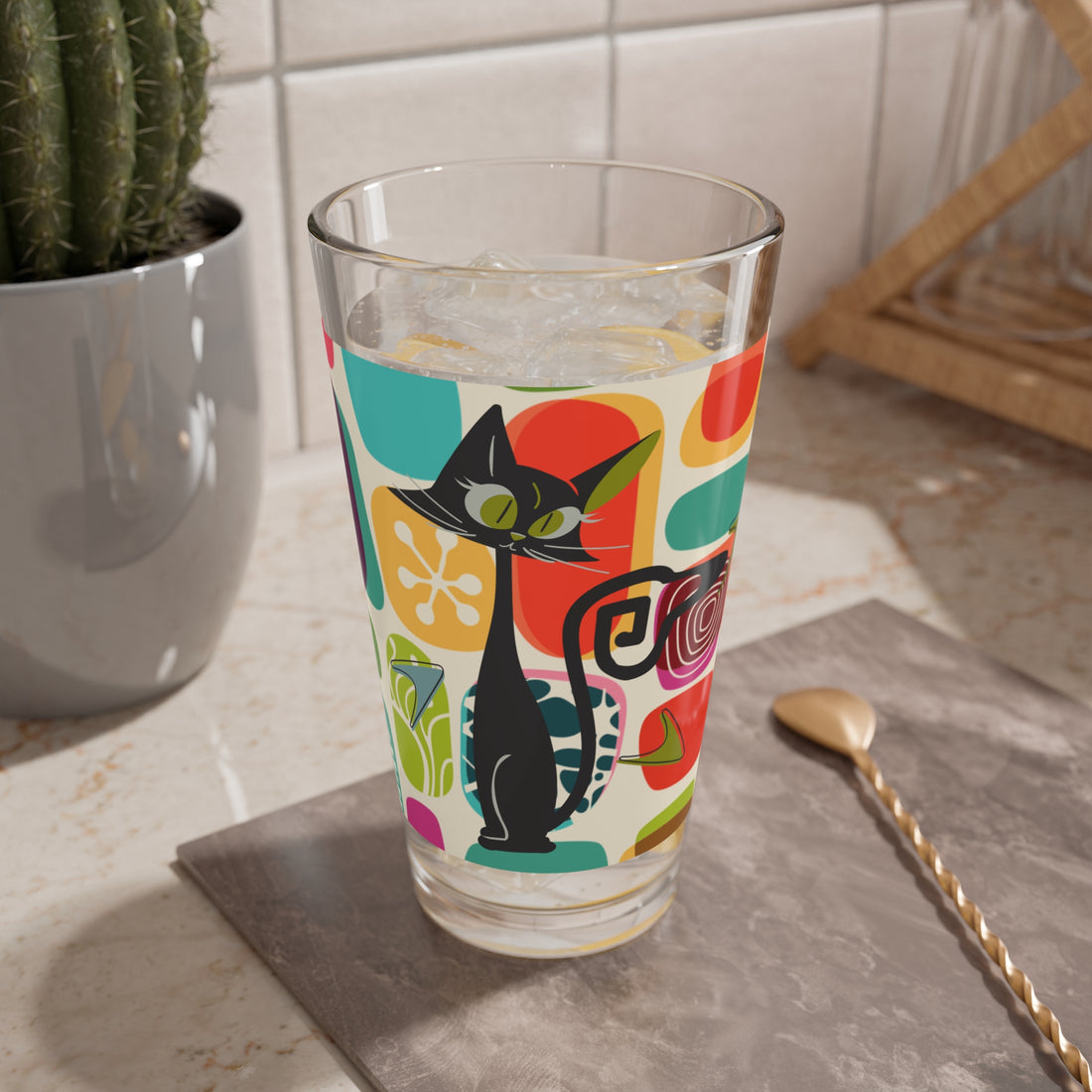 Mid Century Modern Barware, Amoeba Pattern, Green Eyed Kitschy Atomic Cat, Retro Drinking Glass