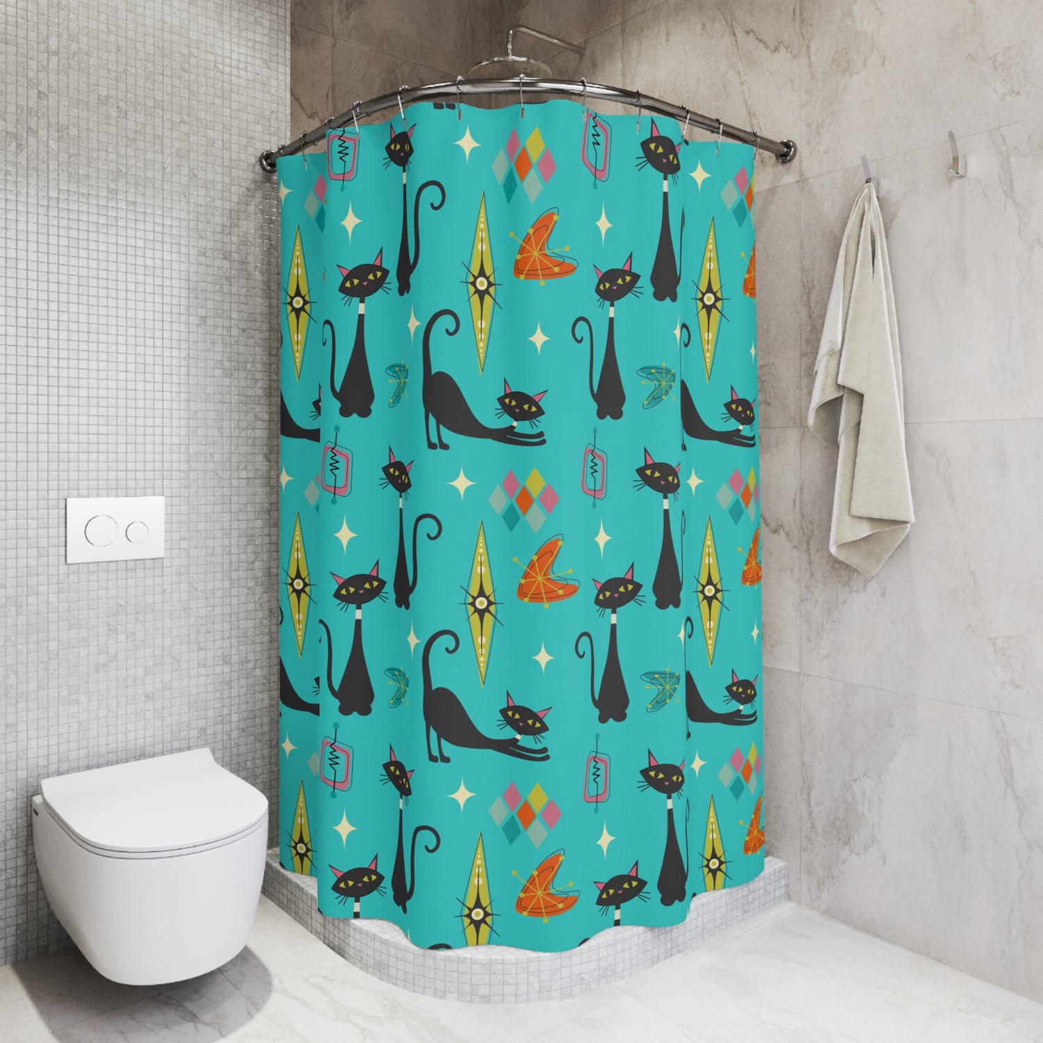Atomic Cats Starbursts Boomerangs Kitschy Mod Retro Cat Shower Curtain - Mid Century Modern Gal