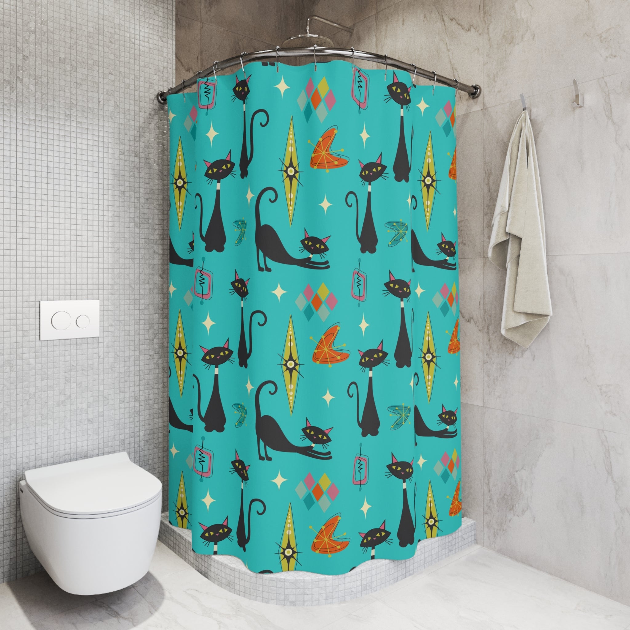 Atomic Cats Starbursts Boomerangs Kitschy Mod Retro Cat Shower Curtain - Mid Century Modern Gal