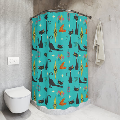 Atomic Cats Starbursts Boomerangs Kitschy Mod Retro Cat Shower Curtain - Mid Century Modern Gal