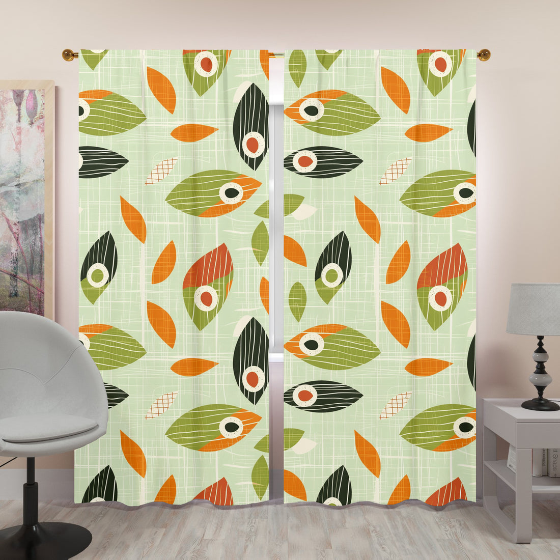 Mid Century Modern Scandinavian Leaves, Green, Orange, MCM Window Curtains (two panels)Window Curtains (two panels)