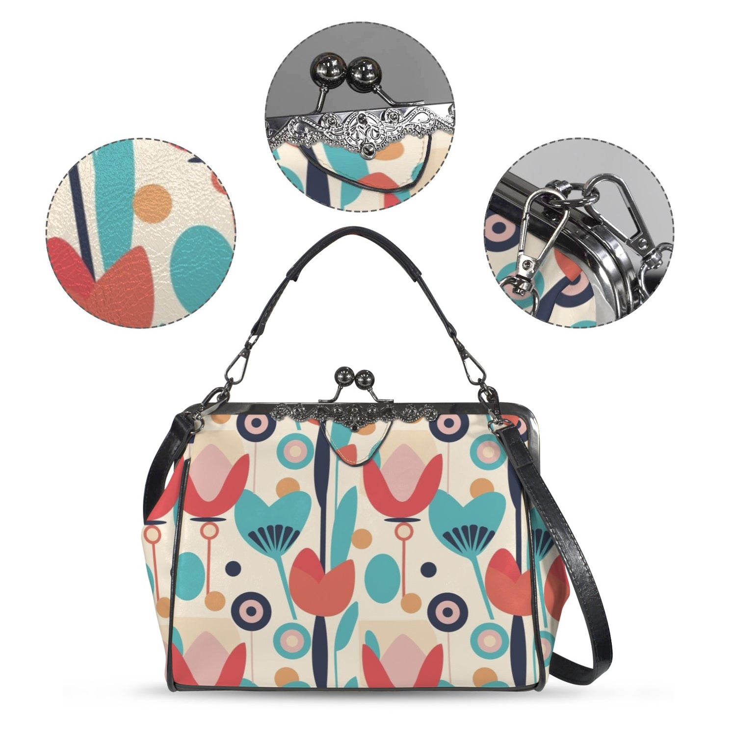 Mid Century Modern Retro Scandinavian Floral Kisslock Crossbody Purse - Mid Century Modern Gal