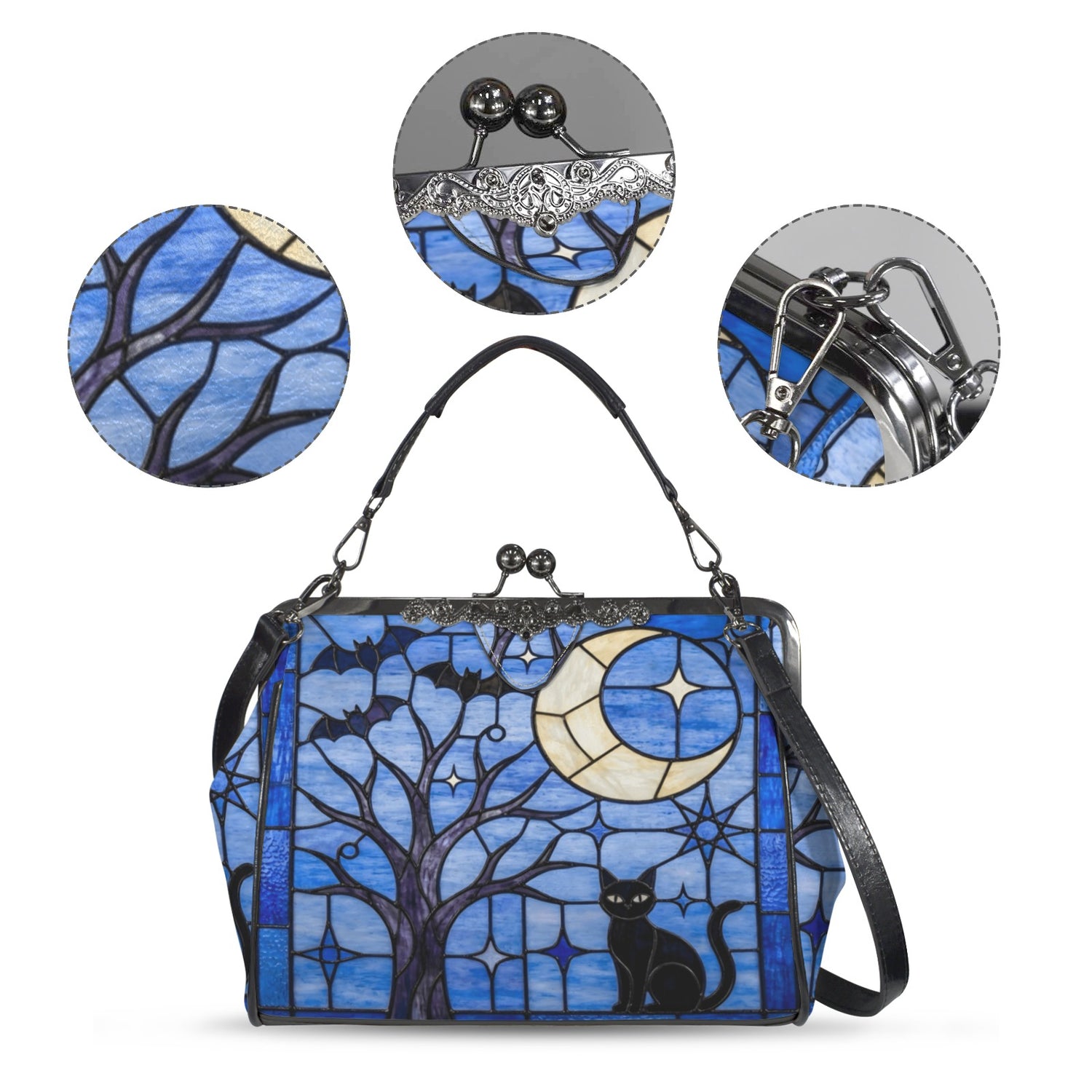 Halloween Stained Glass Style Night Sky Black Cat Kisslock Crossbody Purse