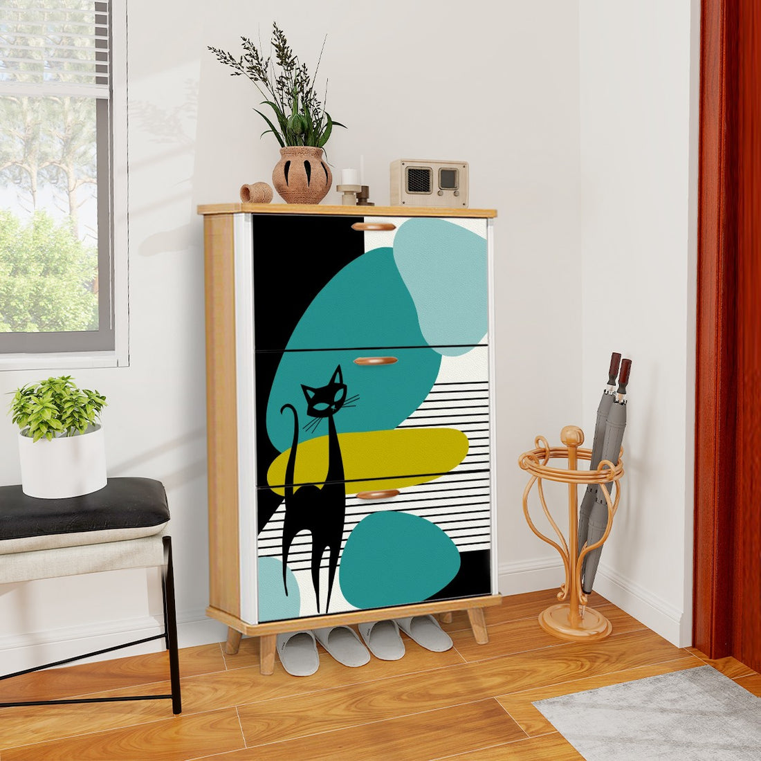 Mid Century Modern Shoe Cabinet, Atomic Cat Amoeba Designed Retro Shoe Storage