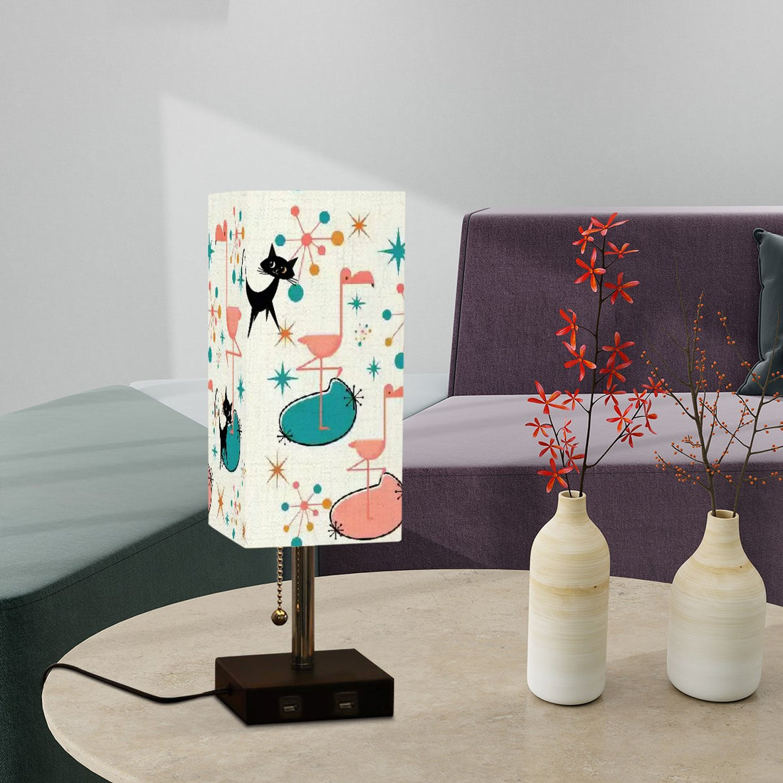 Atomic Cat Flamingo Palm Spring Cali Style, Mid Century Modern Square Table Lamp - Mid Century Modern Gal