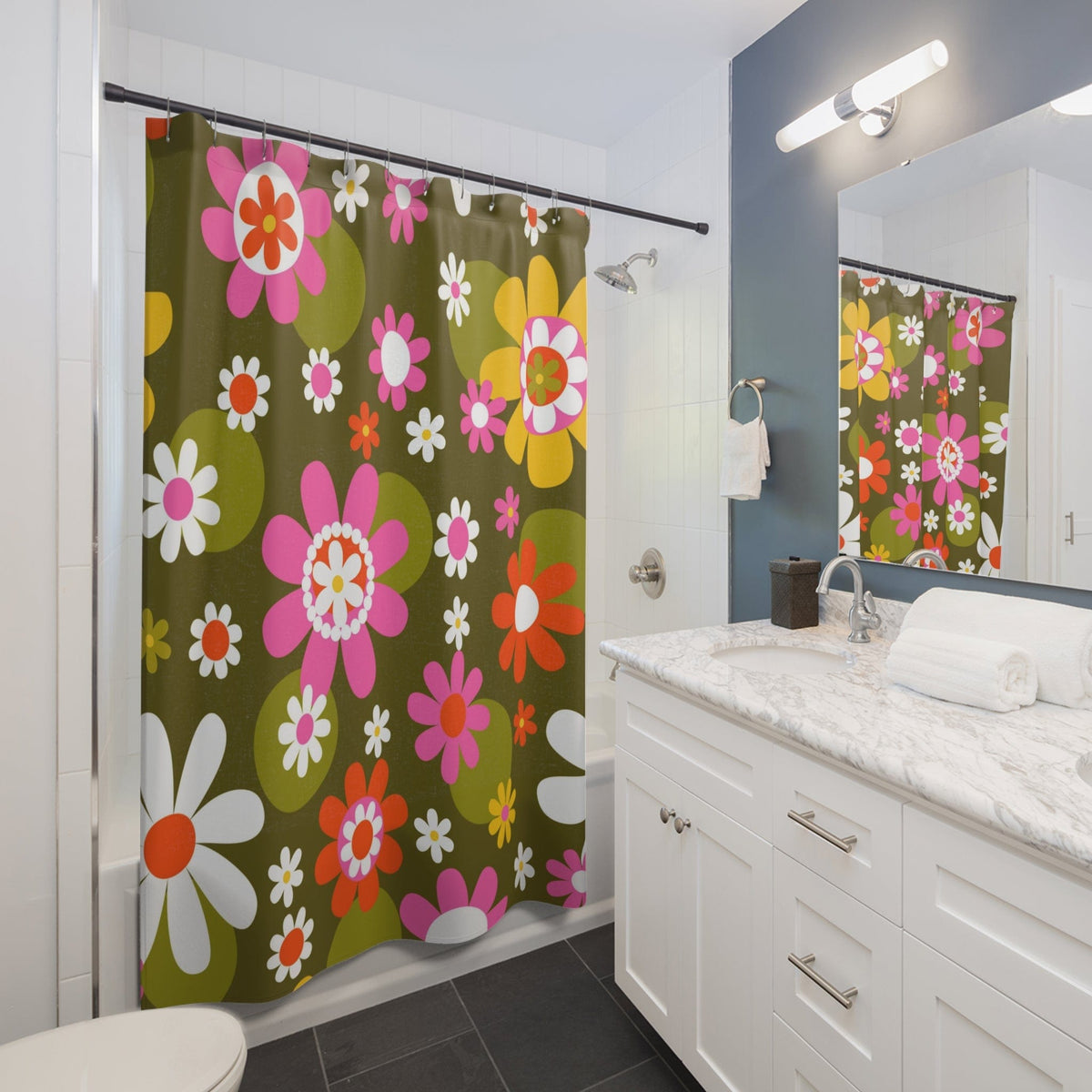 70's Flower Power Shower Curtain, Crazy Daisy, Green, Pink, White, Flower Child Retro Bath Decor Home Decor 71" × 74"