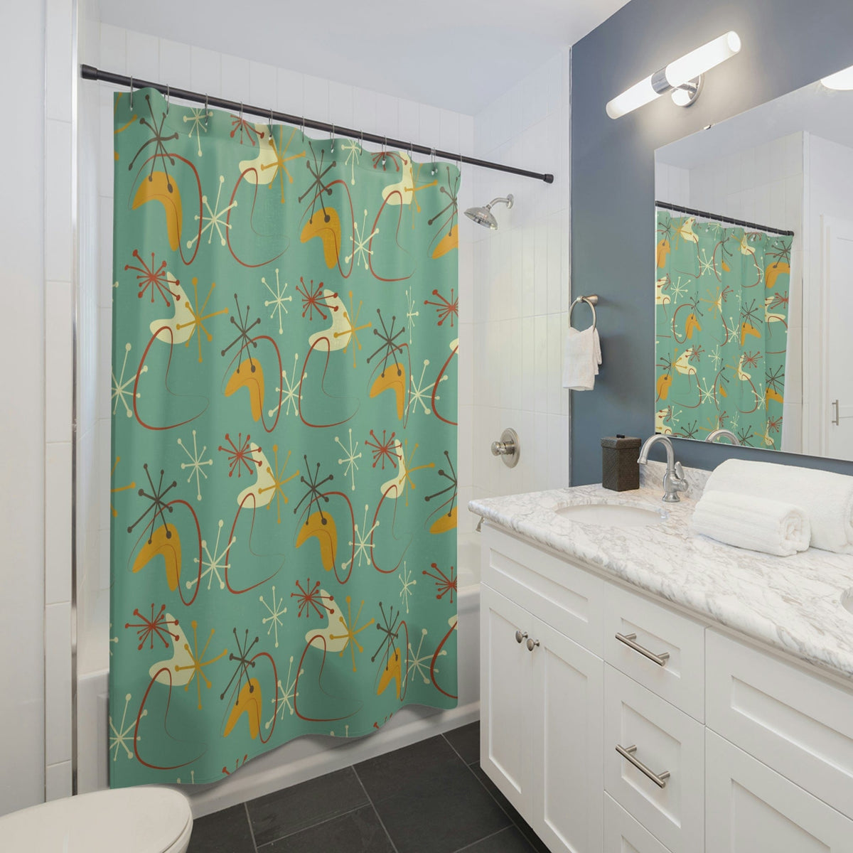 Atomic Boomerang, Green, Mid Century Modern Geometric Retro Shower Curtain Home Decor 71" × 74"