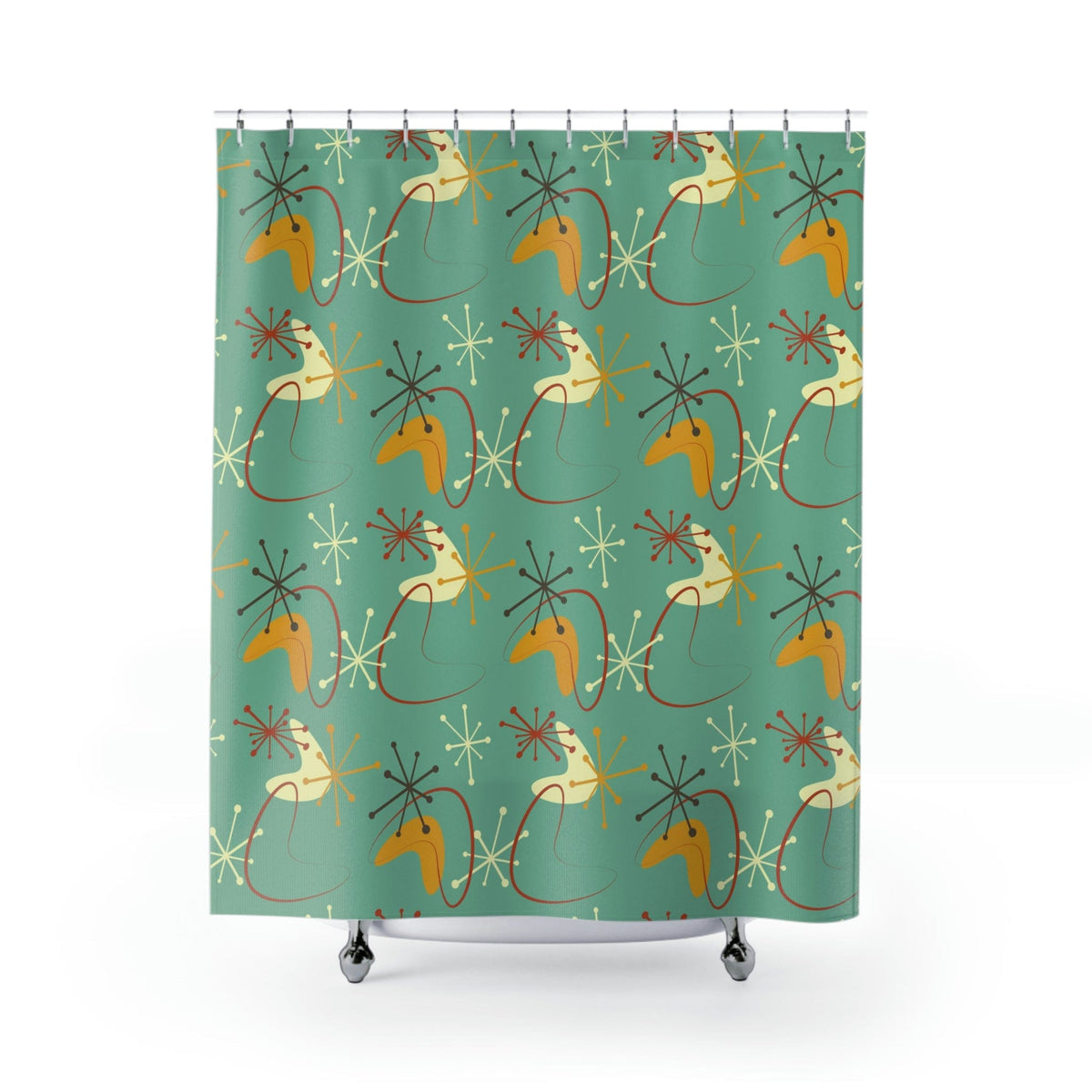 Atomic Boomerang, Green, Mid Century Modern Geometric Retro Shower Curtain Home Decor 71" × 74"