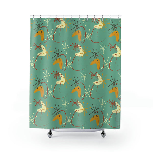 Atomic Boomerang, Green, Mid Century Modern Geometric Retro Shower Curtain