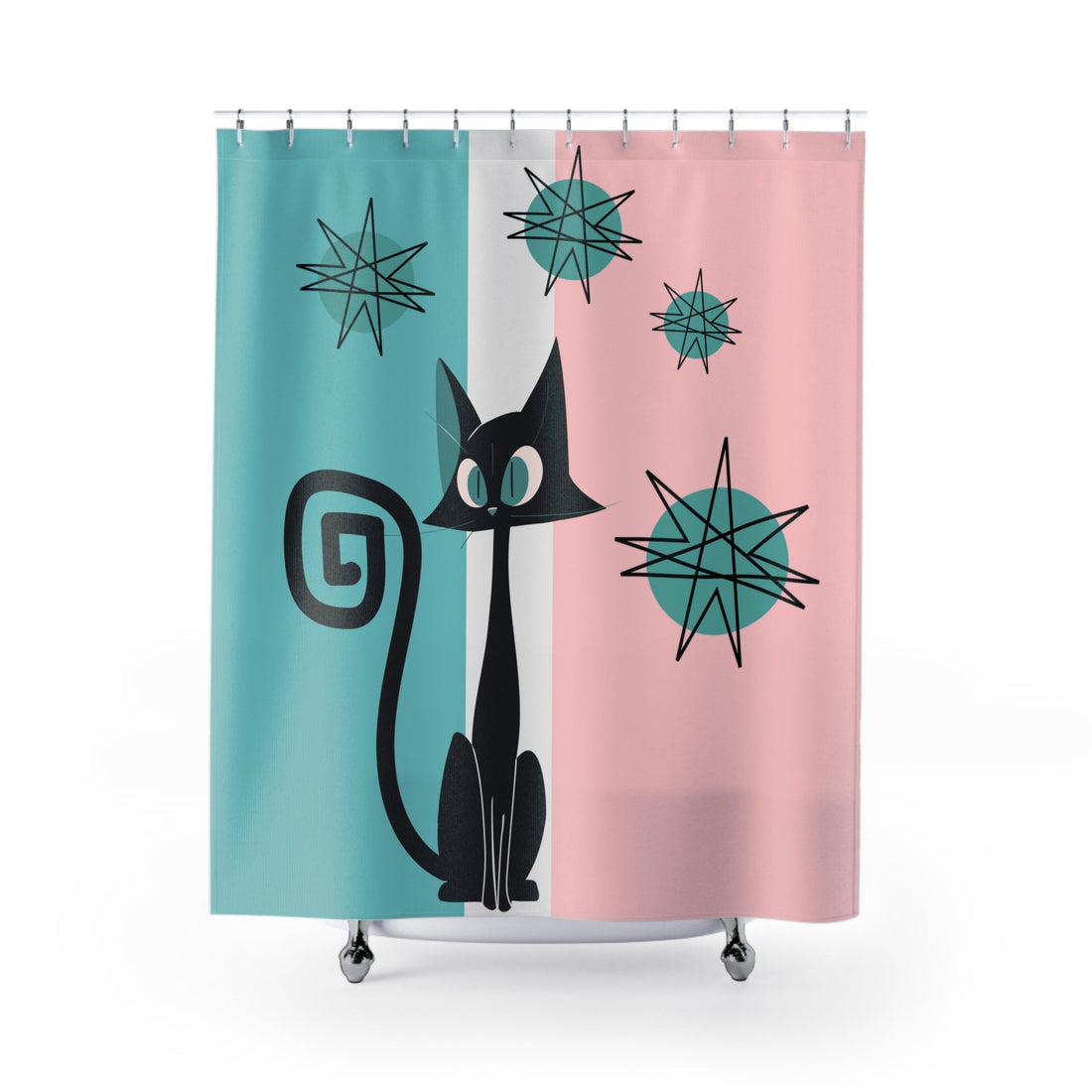 Atomic Cat 50s Pink, Aqua, White, Mid Century Modern Franciscan Starbursts Kitschy Cute Shower Curtain Home Decor 71&quot; × 74&quot;
