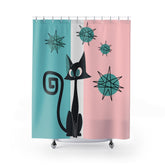 Atomic Cat 50s Pink, Aqua, White, Mid Century Modern Franciscan Starbursts Kitschy Cute Shower Curtain Home Decor 71" × 74"