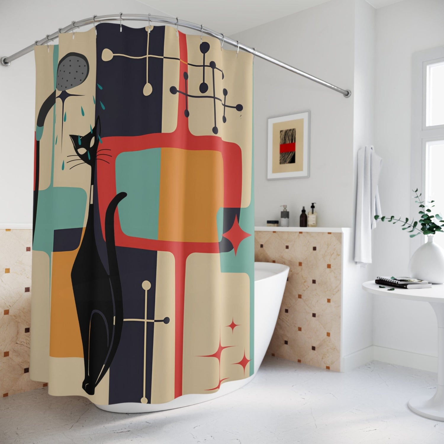 Atomic Cat, Mid Century Modern Shower Curtain, Geometric Design, In Beige, Mustard Yellow, Teal, Kitschy Fun Design Home Decor 71&quot; × 74&quot;