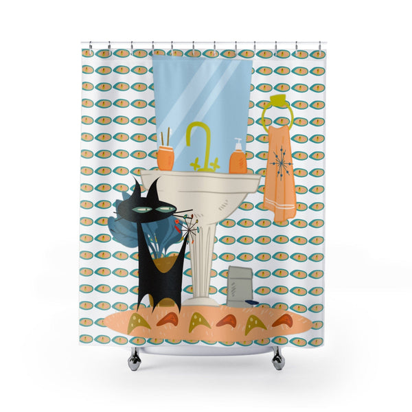 Atomic Cat, Mid Mod Bathroom, Kitschy Cool, Fun Retro MCM Shower Curtains