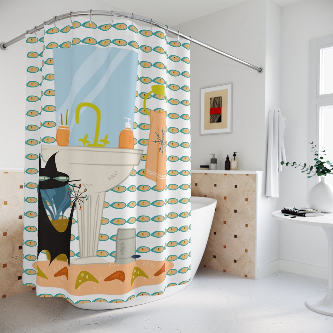 Atomic Cat, Mid Mod Bathroom, Kitschy Cool, Fun Retro MCM Shower Curtains Home Decor 71&quot; × 74&quot;