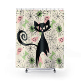 Atomic Cat, Sky Rocket Space Cat, Up Up And Away, Atomic Starburst, Mid Century Modern Shower Curtain Home Decor 71" × 74" Mid Century Modern Gal