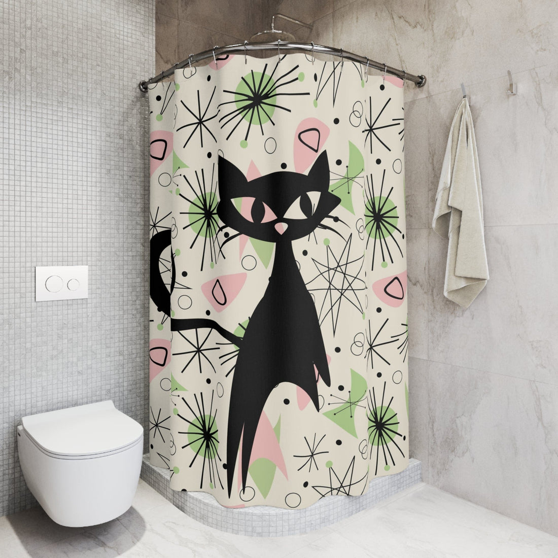 Atomic Cat, Sky Rocket Space Cat, Up Up And Away, Atomic Starburst, Mid Century Modern Shower Curtain Home Decor 71&quot; × 74&quot;