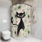 Atomic Cat, Sky Rocket Space Cat, Up Up And Away, Atomic Starburst, Mid Century Modern Shower Curtain Home Decor 71" × 74"