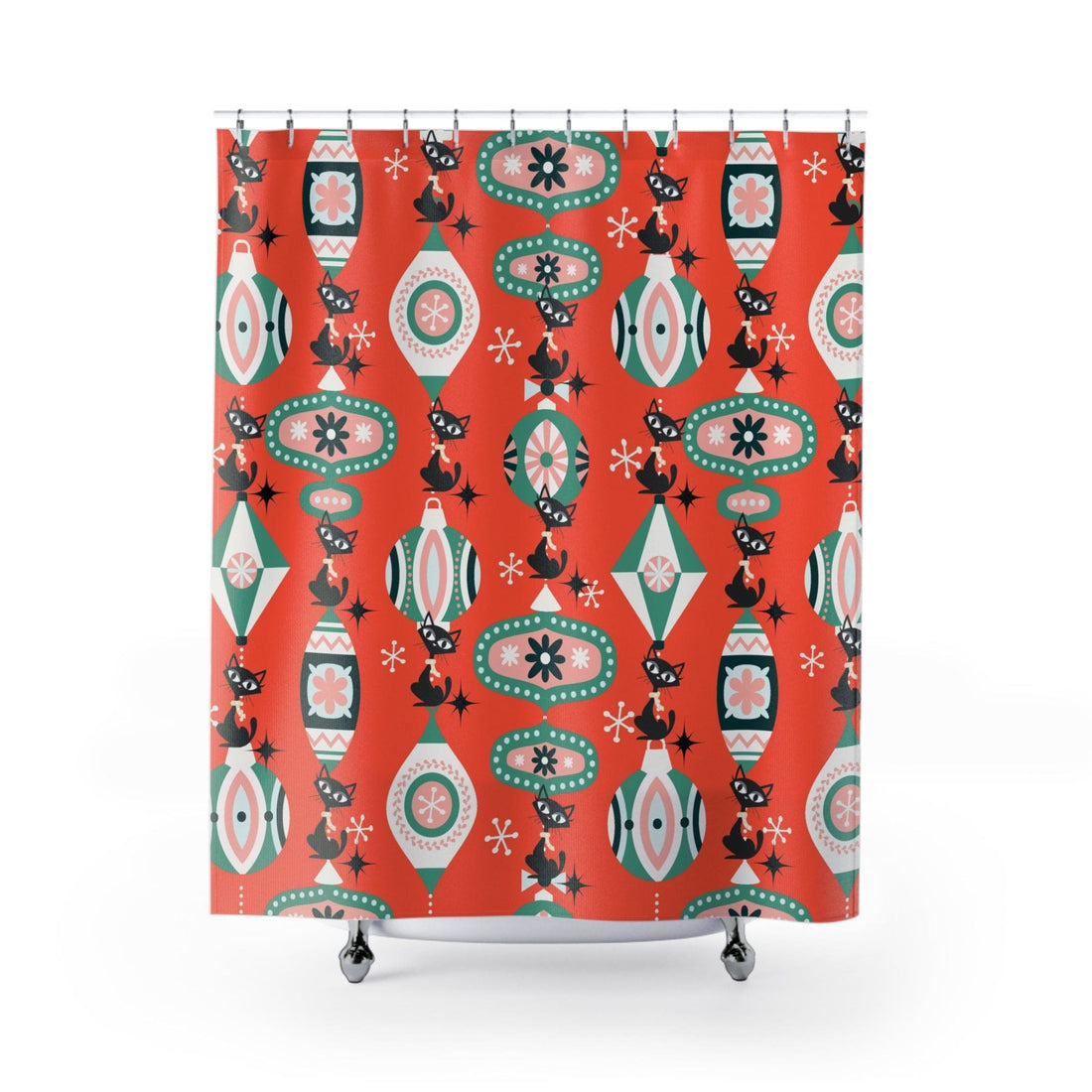 Atomic Kittie Cat, Mid Century Modern Christmas Ornaments, Retro Holiday Shower Curtain Home Decor 71&quot; × 74&quot;