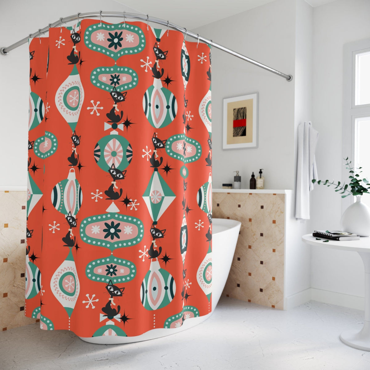 Atomic Kittie Cat, Mid Century Modern Christmas Ornaments, Retro Holiday Shower Curtain Home Decor 71" × 74"
