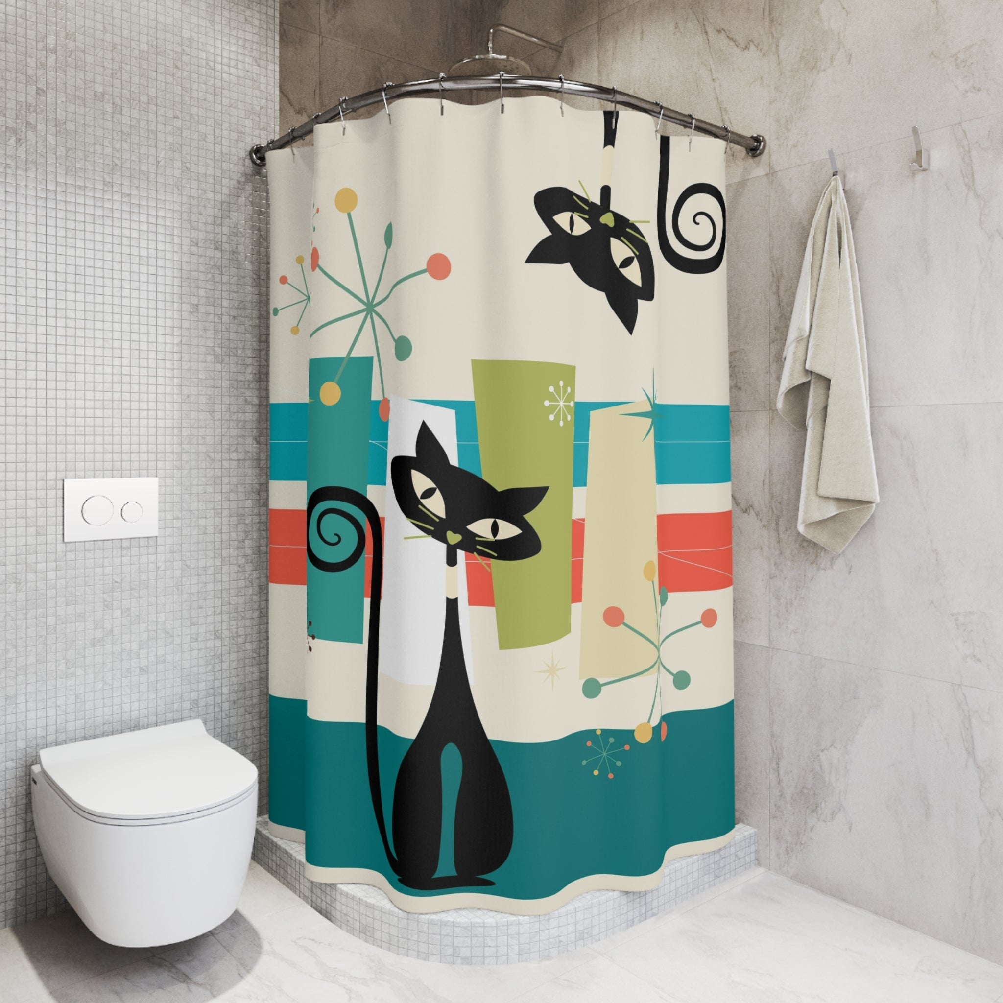 Atomic Kittie Cats, Black Cat Lover, Mid Century Modern Color Pop Funky Fun Shower Curtain Home Decor 71&quot; × 74&quot;