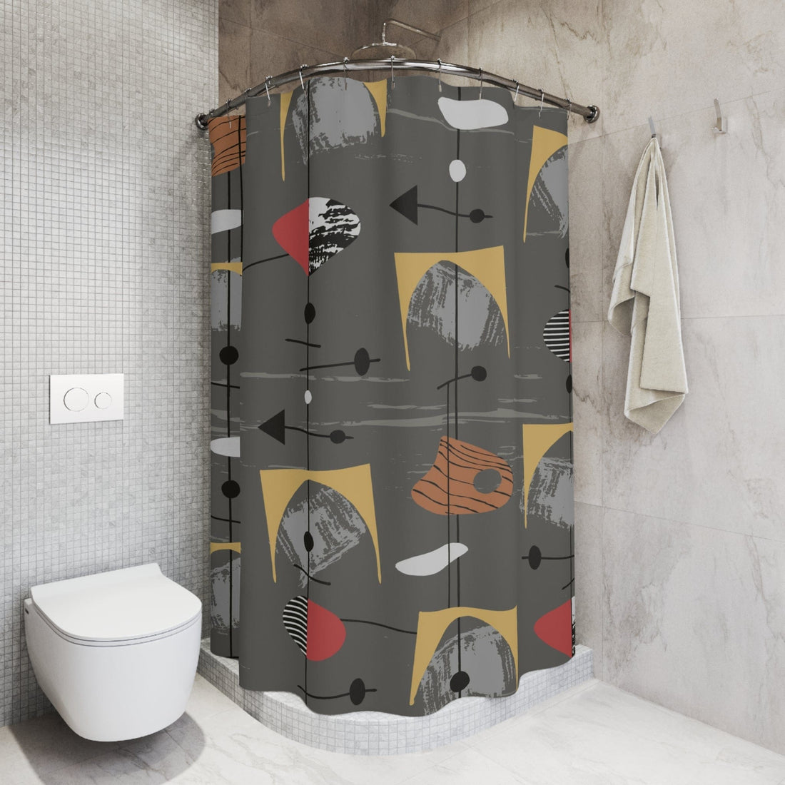 Mid Century Modern, Abstract Charcoal Gray Modern Shower Curtains Home Decor 71&quot; × 74&quot;