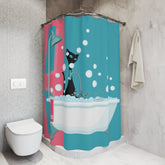 Mid Century Modern Atomic Cat Shower Curtain, Geometric Aqua Blue, Pink, Kitschy Cute, Fun Retro Bathroom Decor Shower Curtain Home Decor 71" × 74" Mid Century Modern Gal