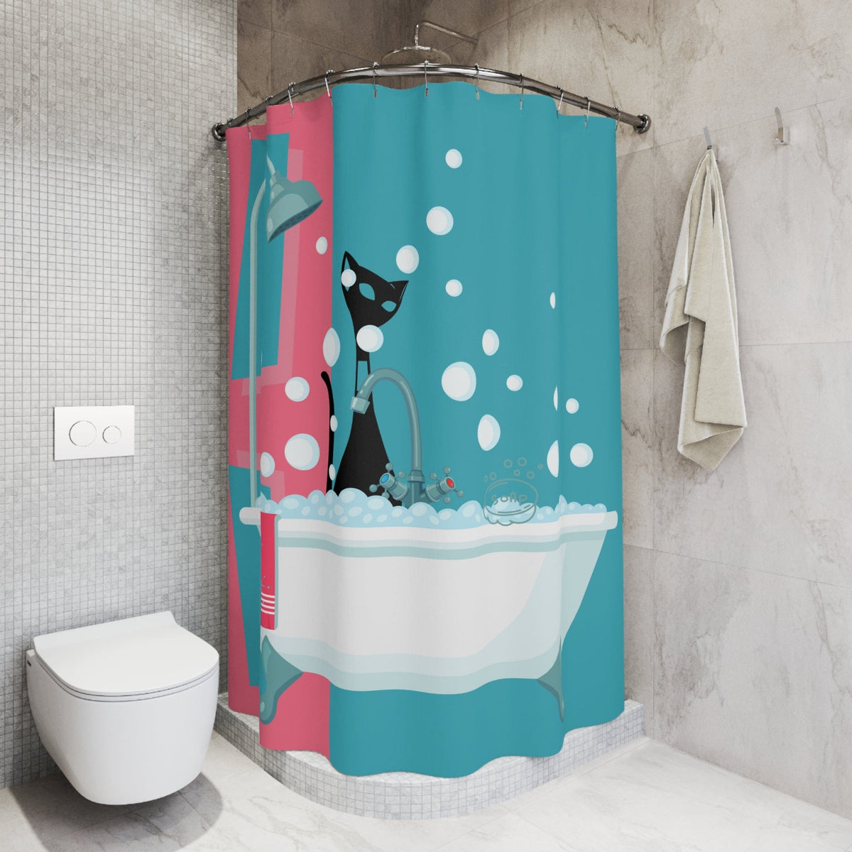 Mid Century Modern Atomic Cat Shower Curtain, Geometric Aqua Blue, Pink, Kitschy Cute, Fun Retro Bathroom Decor Shower Curtain Home Decor 71" × 74"