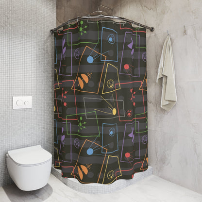 Mid Century Modern Atomic Space, Dark Gray Mid Modernist Shower Curtains Home Decor 71&quot; × 74&quot;
