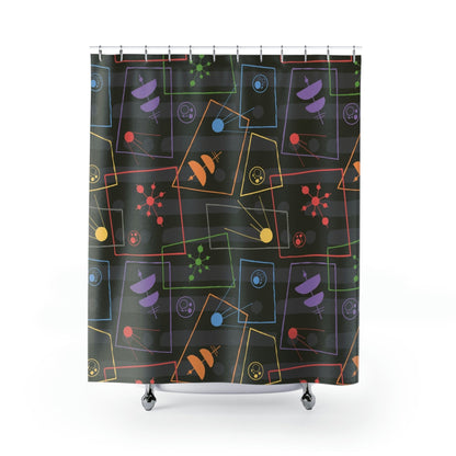 Mid Century Modern Atomic Space, Dark Gray Mid Modernist Shower Curtains Home Decor 71&quot; × 74&quot;