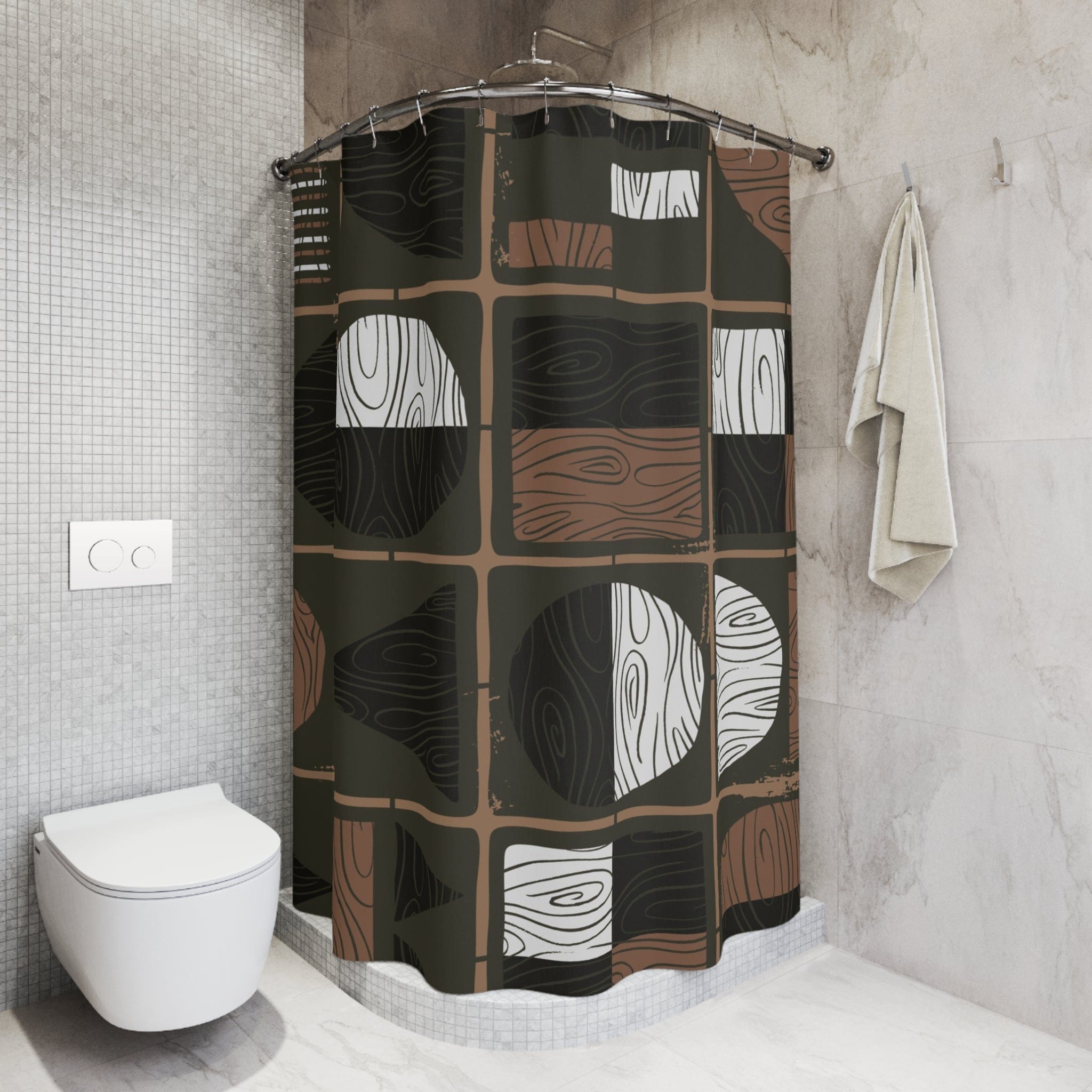 Mid Century Modern Bold, Black, Brown, Olive Green, Geometric Retro Masculine Shower Curtain Home Decor 71&quot; × 74&quot;