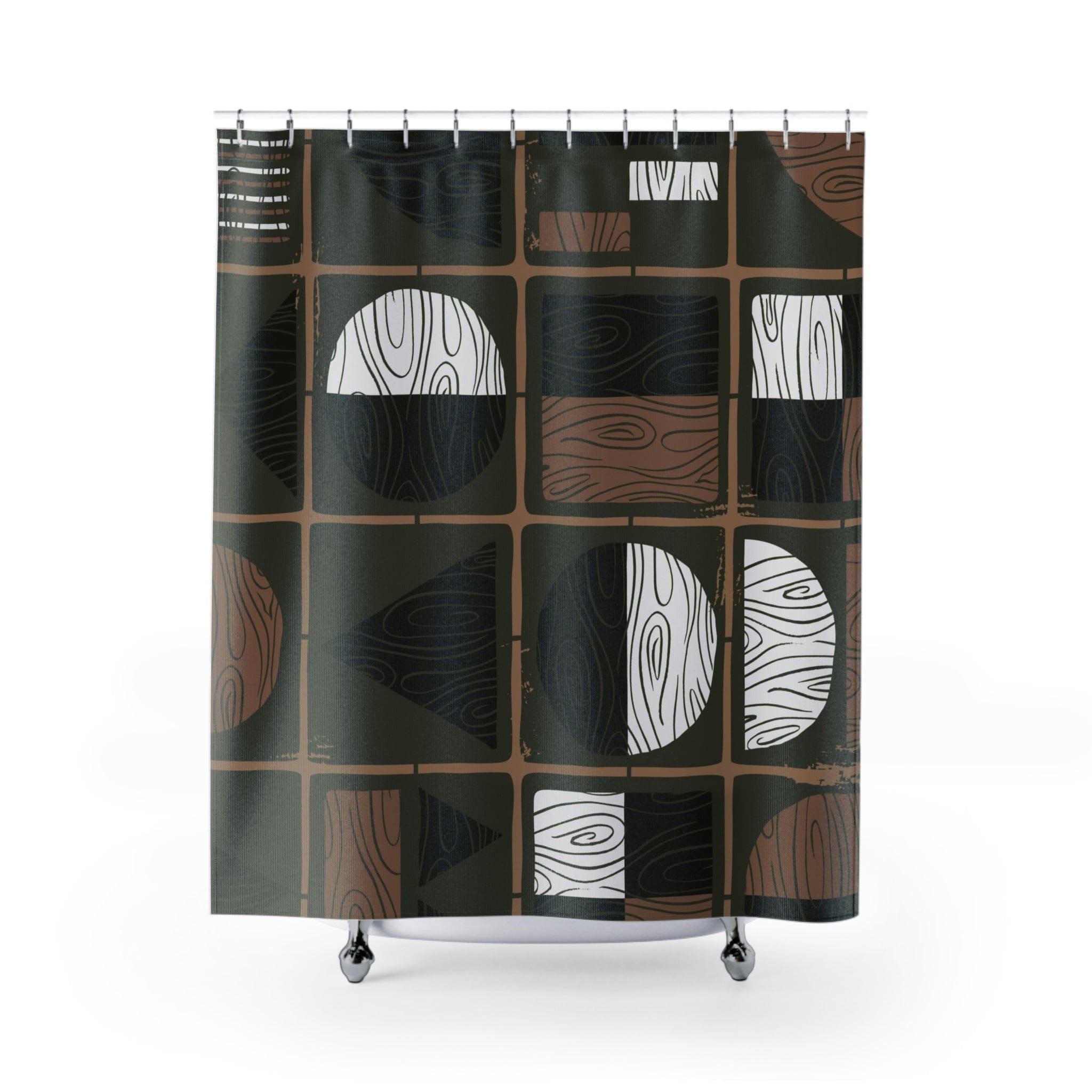 Mid Century Modern Bold, Black, Brown, Olive Green, Geometric Retro Masculine Shower Curtain Home Decor 71&quot; × 74&quot;