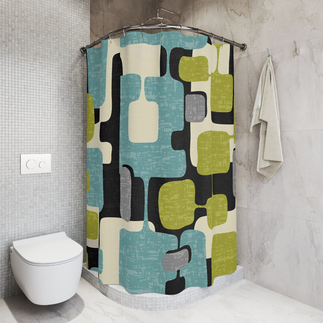 Mid Century Modern Geometric Mod Shower Curtain, Black, Gray, Aqua, Green Bath Decor Home Decor 71&quot; × 74&quot;