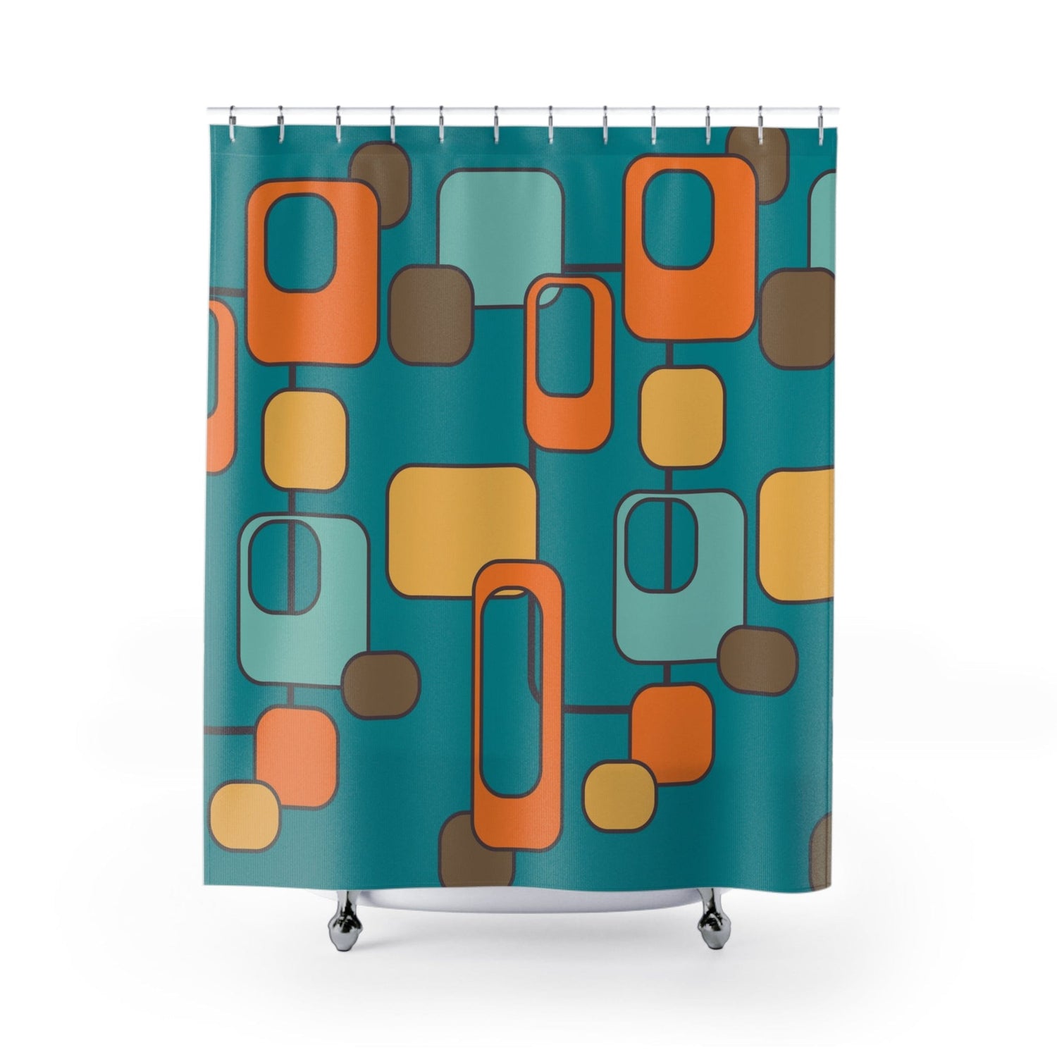 Mid Century Modern Geometric, Teal, Orange, Mustard Yellow, Retro MCM Shower Curtain Home Decor 71&quot; × 74&quot;