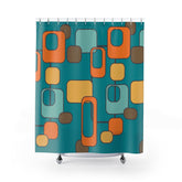 Mid Century Modern Geometric, Teal, Orange, Mustard Yellow, Retro MCM Shower Curtain Home Decor 71" × 74"