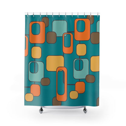 Mid Century Modern Geometric, Teal, Orange, Mustard Yellow, Retro MCM Shower Curtain Home Decor 71&quot; × 74&quot;