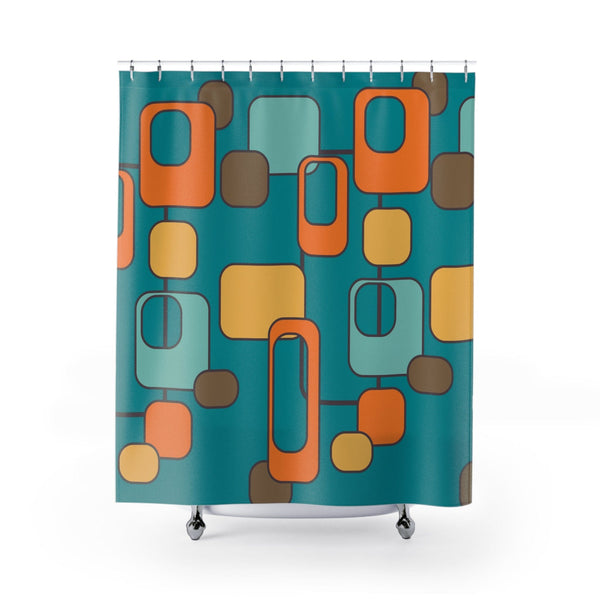 Mid Century Modern Geometric, Teal, Orange, Mustard Yellow, Retro MCM Shower Curtain