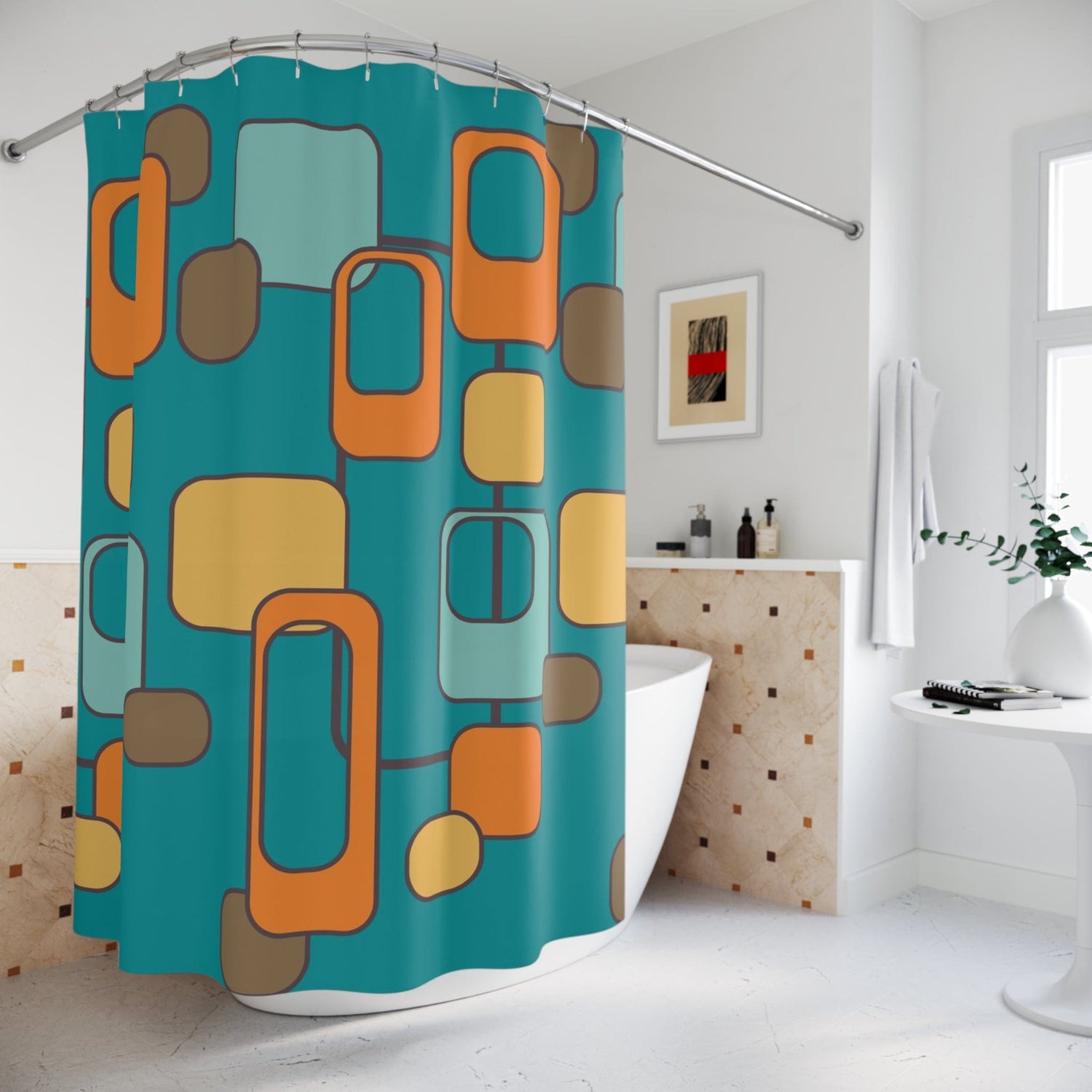 Mid Century Modern Geometric, Teal, Orange, Mustard Yellow, Retro MCM Shower Curtain Home Decor 71&quot; × 74&quot;