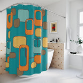 Mid Century Modern Geometric, Teal, Orange, Mustard Yellow, Retro MCM Shower Curtain Home Decor 71" × 74"